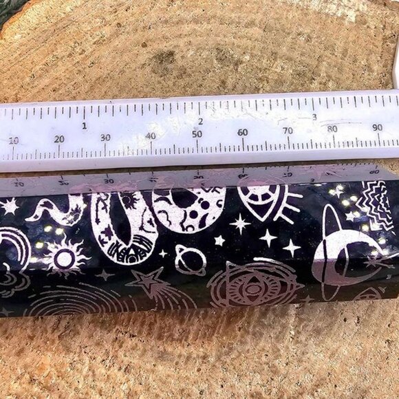 Nature Obsidian Engraved Purple Spiritual Symbols 4" Wand Point - Picture 7 of 10